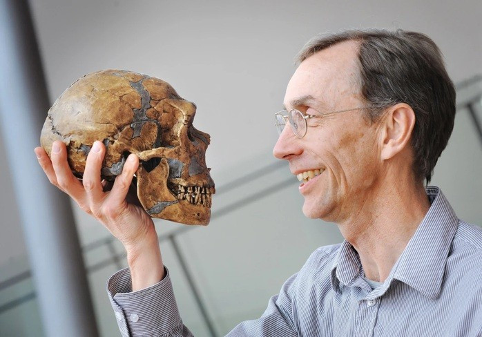 Một hộp sọ Neanderthal trên tay giáo sư Svante Paabo, người đoạt giải Nobel Y sinh 2022 vì những nghiên cứu mang tính nền tảng về loài người cổ này - Ảnh: PHYS Một hộp sọ Neanderthal trên tay giáo sư Svante Paabo, người đoạt giải Nobel Y sinh 2022 vì những nghiên cứu mang tính nền tảng về loài người cổ này - Ảnh: PHYS